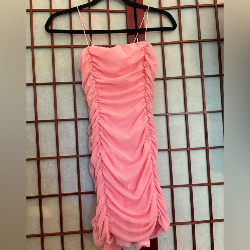 Pink Ruched Bodycon Mini Dress Spaghetti Straps